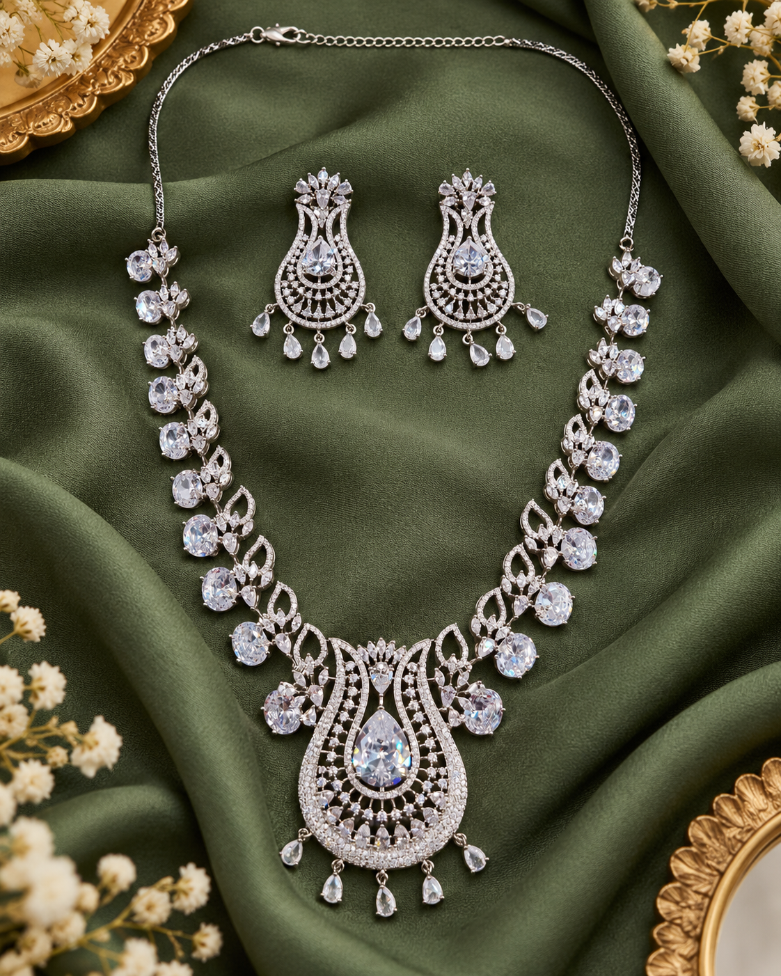 Luxurious Rhodium-Plated AD Paisley Jewellery Set